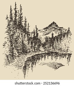 Hand drawn landscape with lake and fir forest, vintage vector illustration