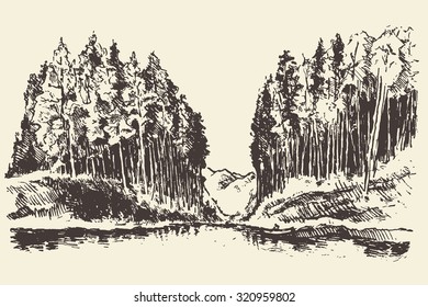 Hand drawn landscape with lake and fir forest, vintage vector illustration