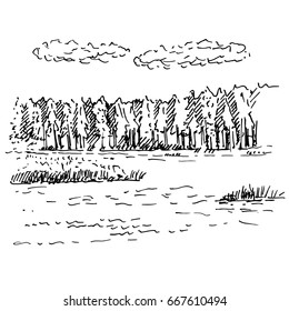 Hand drawn landscape with lake and forest. Sketch, vector illustration.