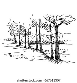 Hand drawn landscape with lake and forest. Sketch, vector illustration.