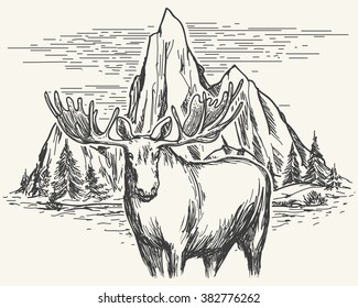 Hand drawn landscape with lake, mountains and trees and moose. Vector illustration