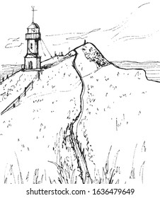 hand drawn landscape with lighthouse