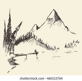 Hand drawn landscape with mountain, lake and fir forest. Vector illustration