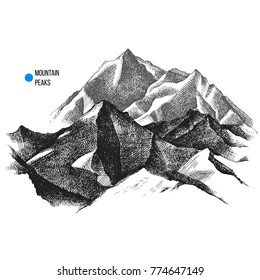 Hand drawn landscape with mountain peaks. Vector illustration