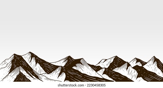 hand drawn landscape mountains background design with copyspace. mountains wallpaper desiign. mountains horizontal banner