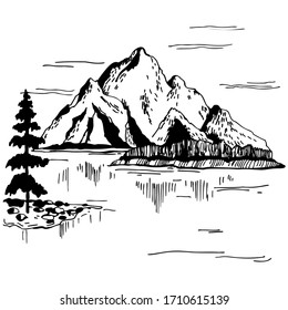 Hand drawn  landscape with mountains. Vector sketch  illustration.