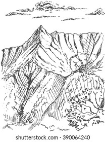 Hand drawn landscape with mountains. vintage illustration