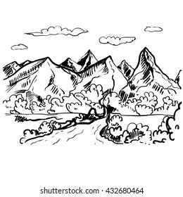 Hand drawn landscape with mountains. vintage illustration. vector eps 8