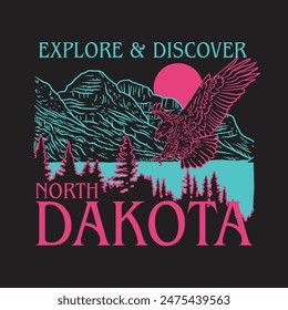 PAISAJE DIBUJADO A MANO PARQUES DE NATURALEZA AL AIRE LIBRE DESTINO DE VIAJE FOREST NORTH DAKOTA AMERICA LAKE MOUNTAIN ANTIGUAS CAMISETA DE LA CAMISETA DE LA IMPRESIÓN PARA LA MERCANCÍA DE LA ROPA