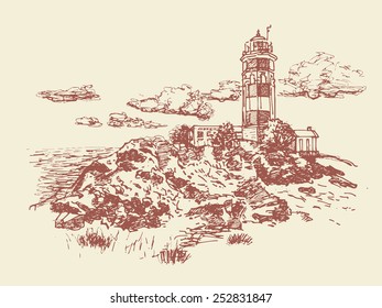 hand drawn landscape with old lighthouse