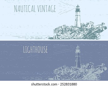 hand drawn landscape with old lighthouse