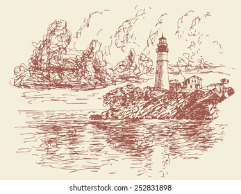 hand drawn landscape with old lighthouse