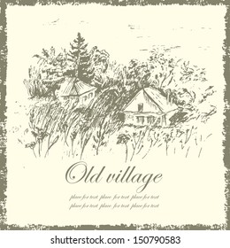 Hand drawn landscape with old village. Text is on a separate layer and is used for example only, you can use your own text or remove it altogether