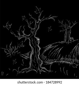 Hand drawn landscape on the black background