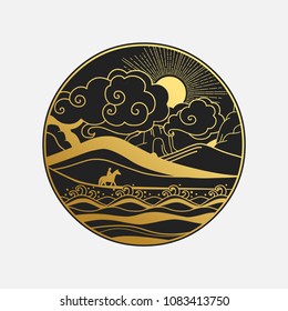 Hand drawn landscape in oriental style. Stylized vector illustration