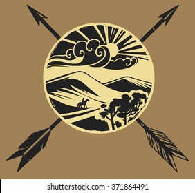 Hand drawn landscape in oriental style. Stylized vector illustration