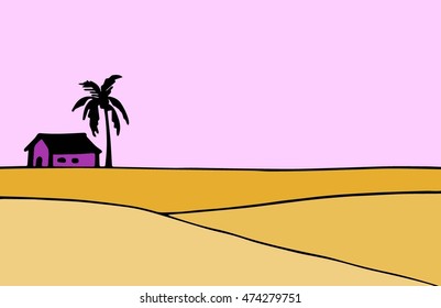 hand drawn landscape with palm tree