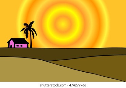 hand drawn landscape with palm tree