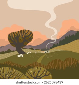 Hand drawn landscape with plants, trees, house and cute sheeps. Small farm in the mountains. Vector illustration