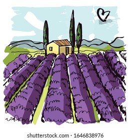 Hand drawn landscape of Provence. House and  lavender fields. Vector sketch  illustration.