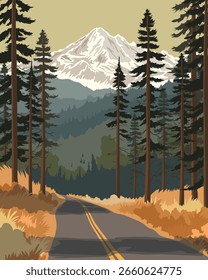 Handgezeichnete Landschaft mit Straße, Kiefer und Bergen, Herbstmuster. Vektorgrafik mit Natur.