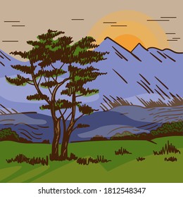 Paisaje dibujado a mano con amanecer, árbol, montaña. Naturaleza africana.