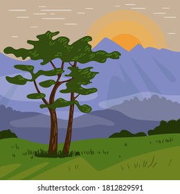 Hand drawn landscape with sunrise, tree, mountain. African nature.