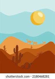 hand drawn landscape sunset and cactus. Design contemporary modern trendy with colour pastel. vector illustration