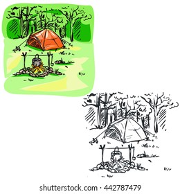 Hand drawn landscape with tent and forest. sketch. vector eps 8