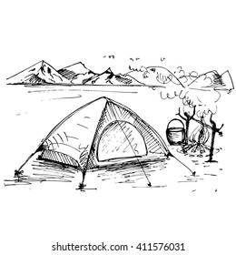 Hand Drawn Landscape With Tent And Mountains. Sketch. Vector Eps 10