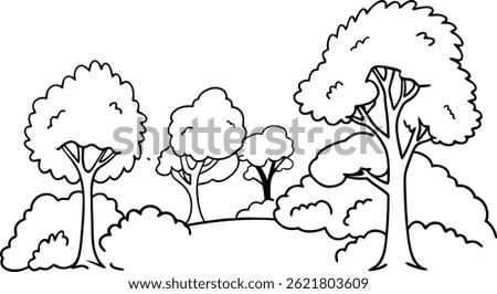Hand Drawn Landscape With Trees And Bushes Outline For Coloring Book