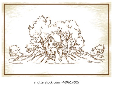 Hand drawn landscape with trees and house. Made in vintage style. 