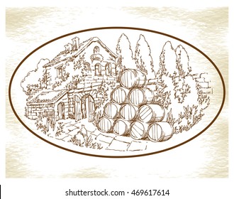 Hand drawn landscape with trees and house. Made in vintage style. 