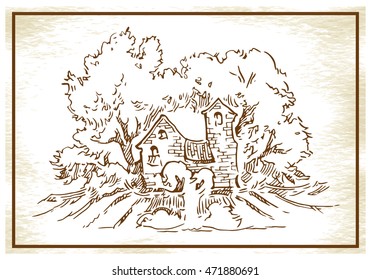 Hand drawn landscape with trees and house. Made in vintage style. 