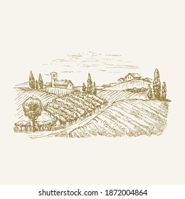 Hand Drawn Landscape Vector Illustration. Vineyard and Farm with Cabins, Barns and Trees Rural Buildings Sketch. Field and Houses Doodle. Isolated.