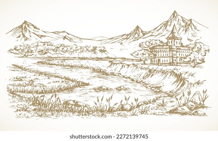 Hand Drawn Landscape Vector Illustration. Valley River View with Estate Building and Mountains Sketch. Hand Drawn House Doodle. Isolated