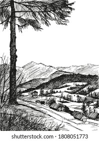 Hand Drawn Landscape the village in the mountains