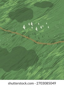 Hand drawn landscape warm spring, green field, birds, grass, clouds and road. Vector illustration.