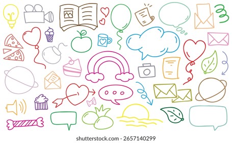 hand drawn landscape white background colorful doodle vector set, love, Natural , star, cloud, weather, rainbow, flower, bubble, heart and creative design vector collection.