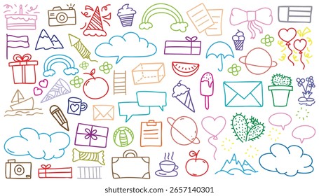 dibujado a mano paisaje fondo blanco colorido doodle Vector conjunto, amor, natural, estrella, nube, Clima, arco iris, flor, burbuja, corazón y colección de Vector de diseño creativo.