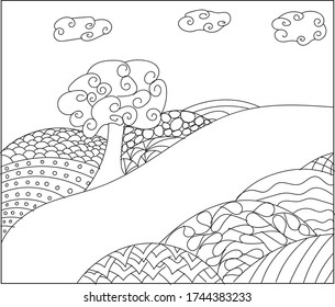 hand drawn landscape zentangle for coloring page