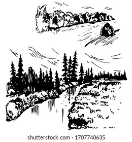 Hand drawn  landscapes with a river. Vector sketch  illustration.
