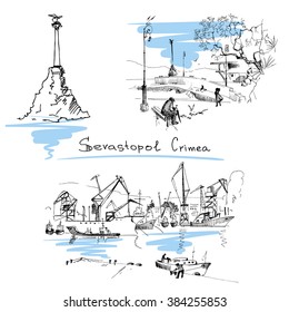 Hand drawn landscapes with seaside view, Sevastopol, harbor. Crimea. Travels. Tourism.