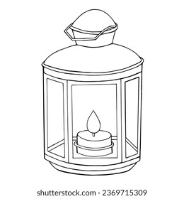 Hand drawn lantern with candle. Vector linear illustration.