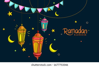 Hand drawn of lantern and crescent for ramadan greetings card with colorful and doodle Background. Vector Illustration.