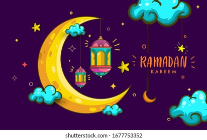 Hand drawn of lantern and crescent for ramadan greetings card with colorful and doodle Background. Vector Illustration.