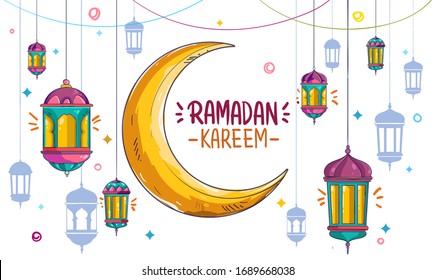 Hand drawn of lantern and crescent for ramadan greetings card with colorful and doodle Background. Vector Illustration.