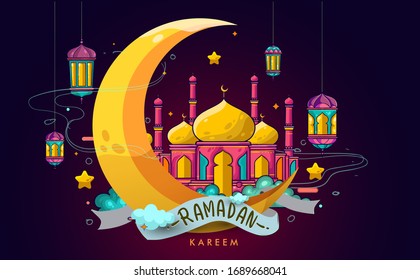 Hand drawn of lantern and crescent for ramadan greetings card with colorful and doodle Background. Vector Illustration.