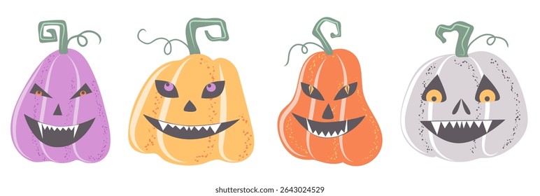 Hand drawn lantern monsters set. Traditional autumn october holiday symbols. Collection of Elements for Halloween decorative design. Vector illustration