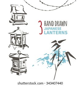 Hand Drawn lantern Set. Ink vector illustration of Japanese Lanterns. East Lantern. Freehand drawing with liner pen on paper. Vintage design. Postcard template. Urban, city, town, street element. 